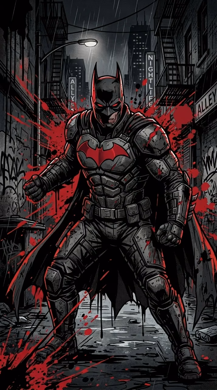 Download Graphic Illustration of a Dark Armored Hero with Red Accents and Splatter Wallpaper in Mobile HD Graphic Illustration of a Dark Armored Hero with Red Accents and Splatter - Free Mobile AMOLED Wallpaper Background