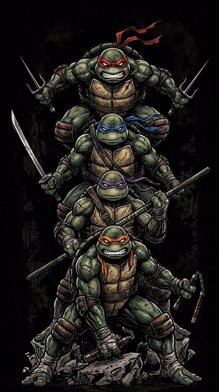 Download Graphic Illustration of Four Mutant Ninja Turtle Warriors Stacked Vertically Wallpaper in Mobile HD Graphic Illustration of Four Mutant Ninja Turtle Warriors Stacked Vertically - Free Mobile AMOLED Wallpaper Background