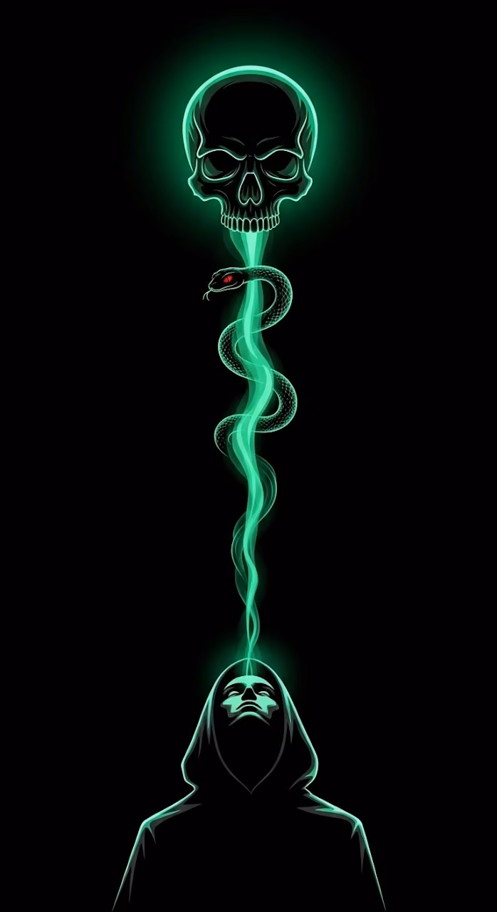 Graphic Illustration of a Hooded Silhouette with Glowing Green Skull Smoke - Free Mobile AMOLED Wallpaper Background