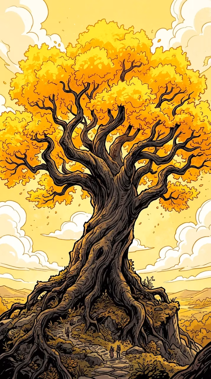 Download Graphic Illustration of a Massive Yellow Tree Against a Bright Yellow Sky Wallpaper in Mobile HD Graphic Illustration of a Massive Yellow Tree Against a Bright Yellow Sky - Free Mobile AMOLED Wallpaper Background