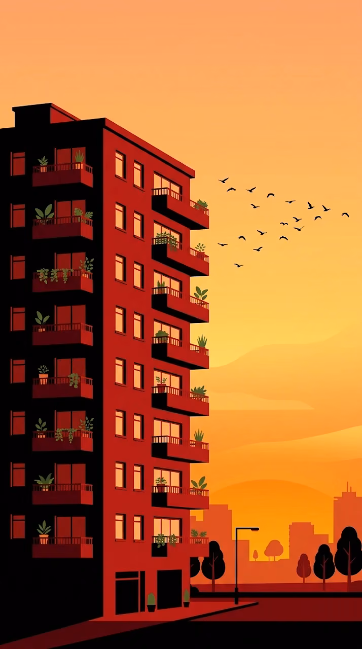 Download Graphic Illustration of a Red Apartment Building Silhouette at Sunset Wallpaper in Mobile HD Graphic Illustration of a Red Apartment Building Silhouette at Sunset - Free Mobile AMOLED Wallpaper Background