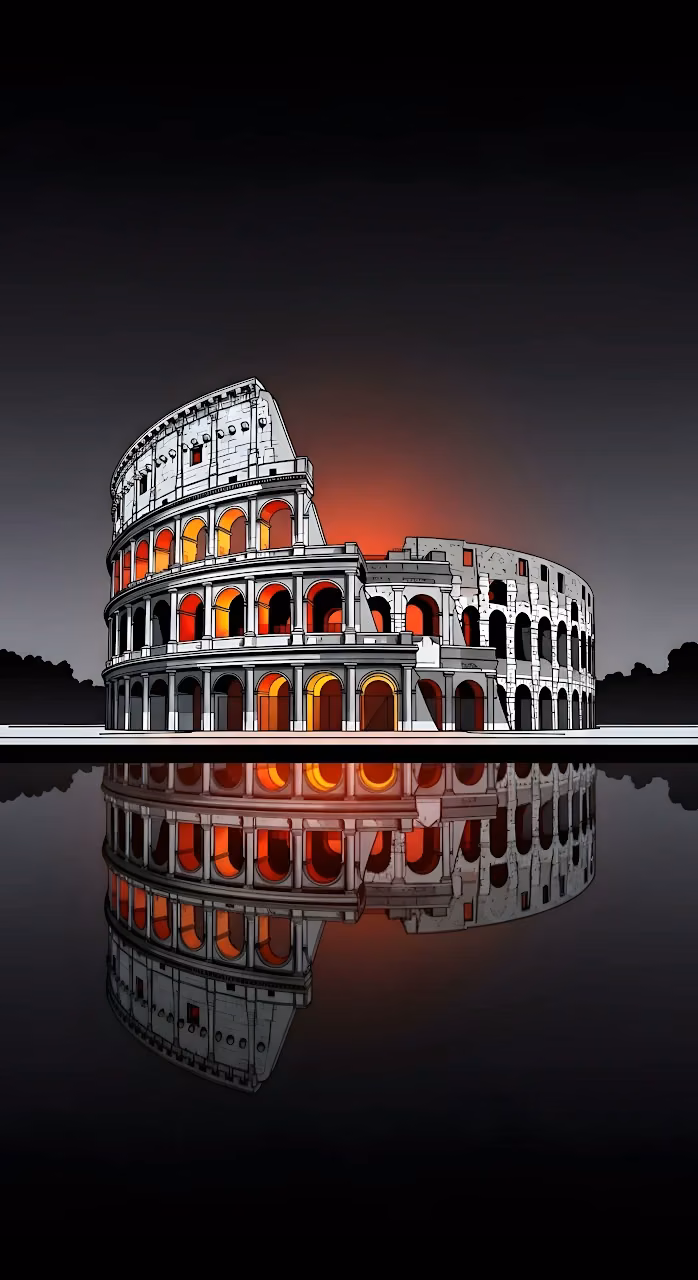 Graphic Illustration of Roman Colosseum with Fiery Reflection - Free Mobile AMOLED Wallpaper Background