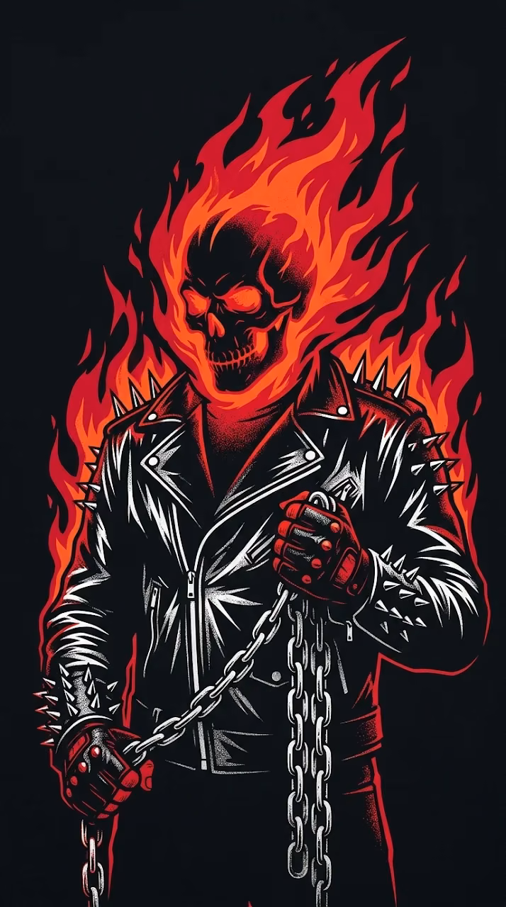 Graphic Illustration of Skeletal Rider Skull with Burning Red Flames - Free Mobile AMOLED Wallpaper Background