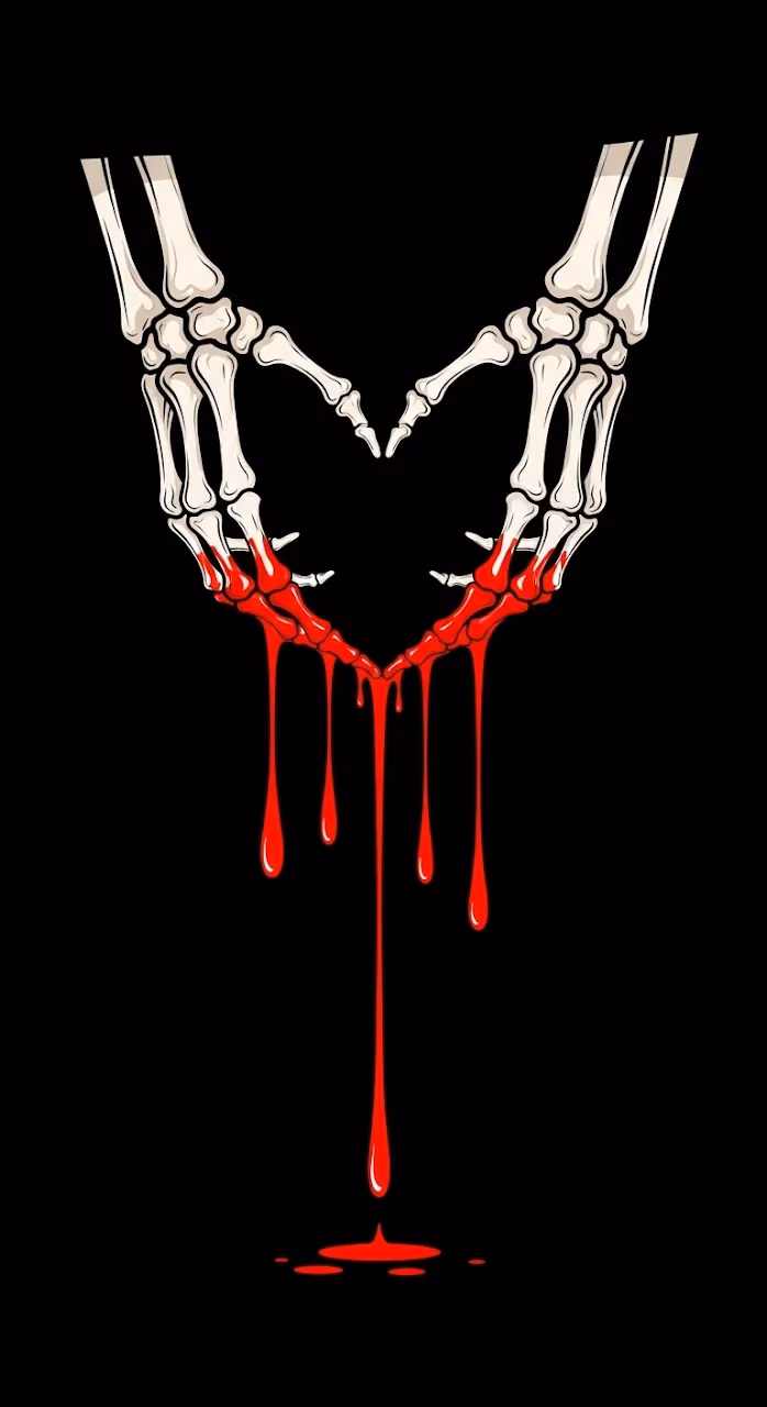 Graphic Illustration of Skeleton Hands Forming a Heart with Dripping Blood on Black - Free Mobile AMOLED Wallpaper Background