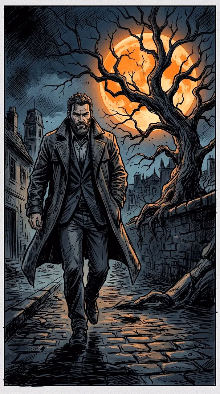 Graphic Novel Style Illustration of Man Walking Under Tree with Large Moon - Free Mobile AMOLED Wallpaper Background