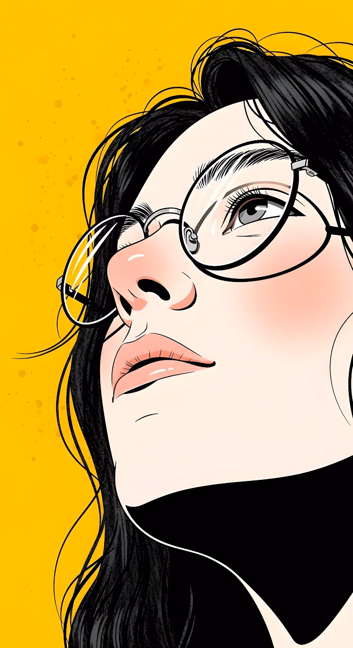 Graphic Pop Art Portrait Woman with Glasses on Yellow - Free Mobile AMOLED Wallpaper Background