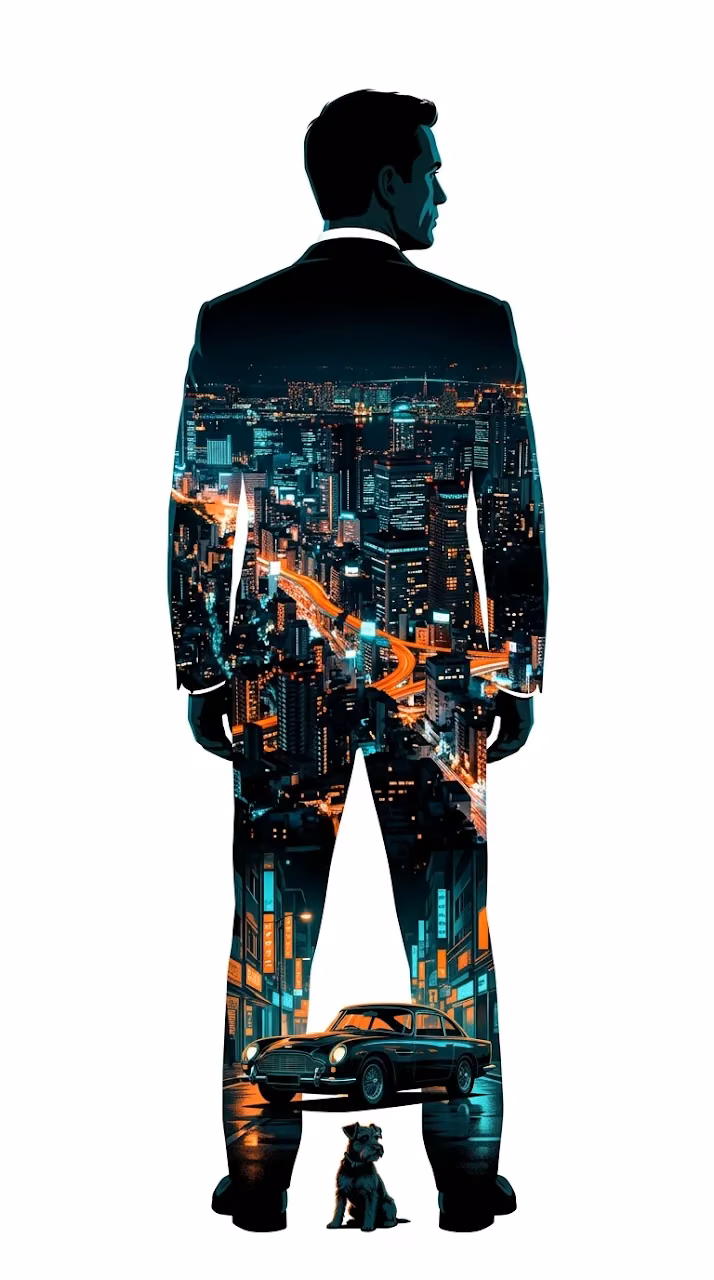 Graphic Silhouette of a Bearded Man in a Suit with a Neon City Inside - Free Mobile AMOLED Wallpaper Background