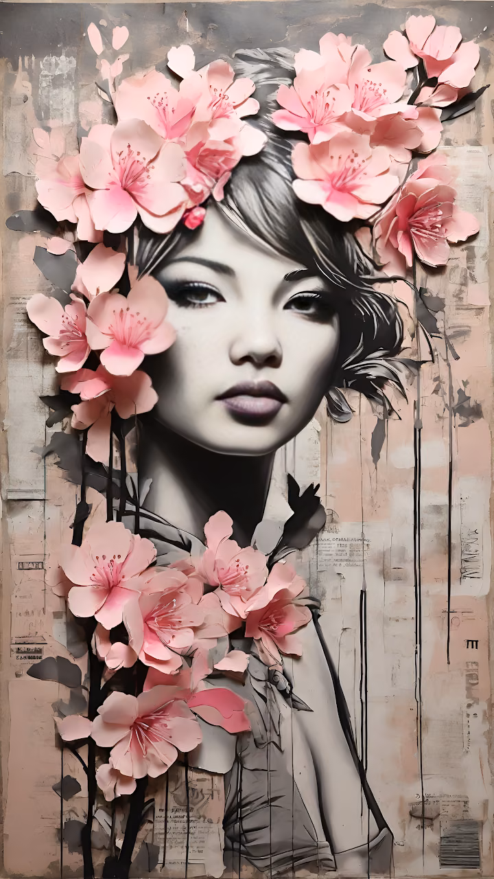 Grayscale Woman Portrait Pink Sakura Flowers Art Collage - Free Mobile AMOLED Wallpaper Background