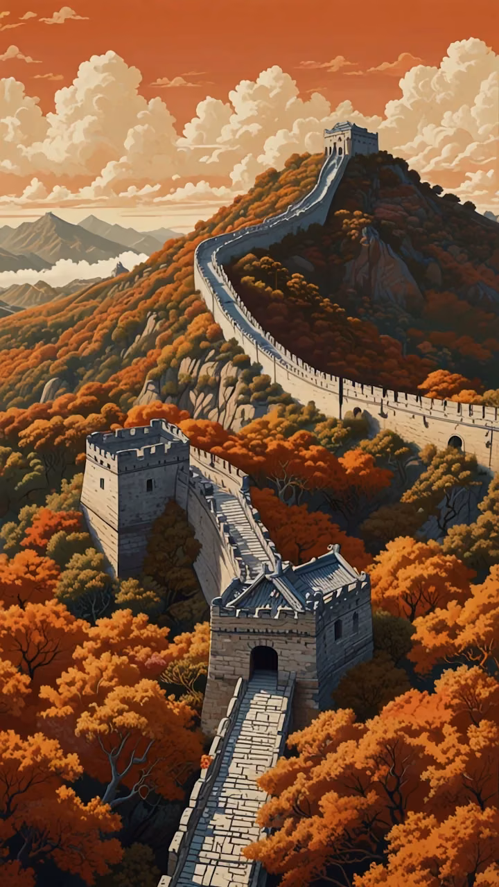 Great Wall of China Autumn Landscape Illustration - Free 4K Desktop Wallpaper Background