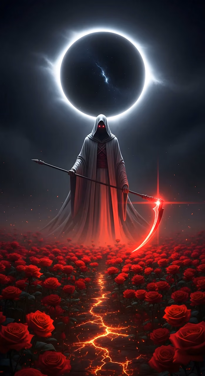 Grim Reaper with Scythe in Field of Red Roses and Eclipse - Free Mobile AMOLED Wallpaper Background