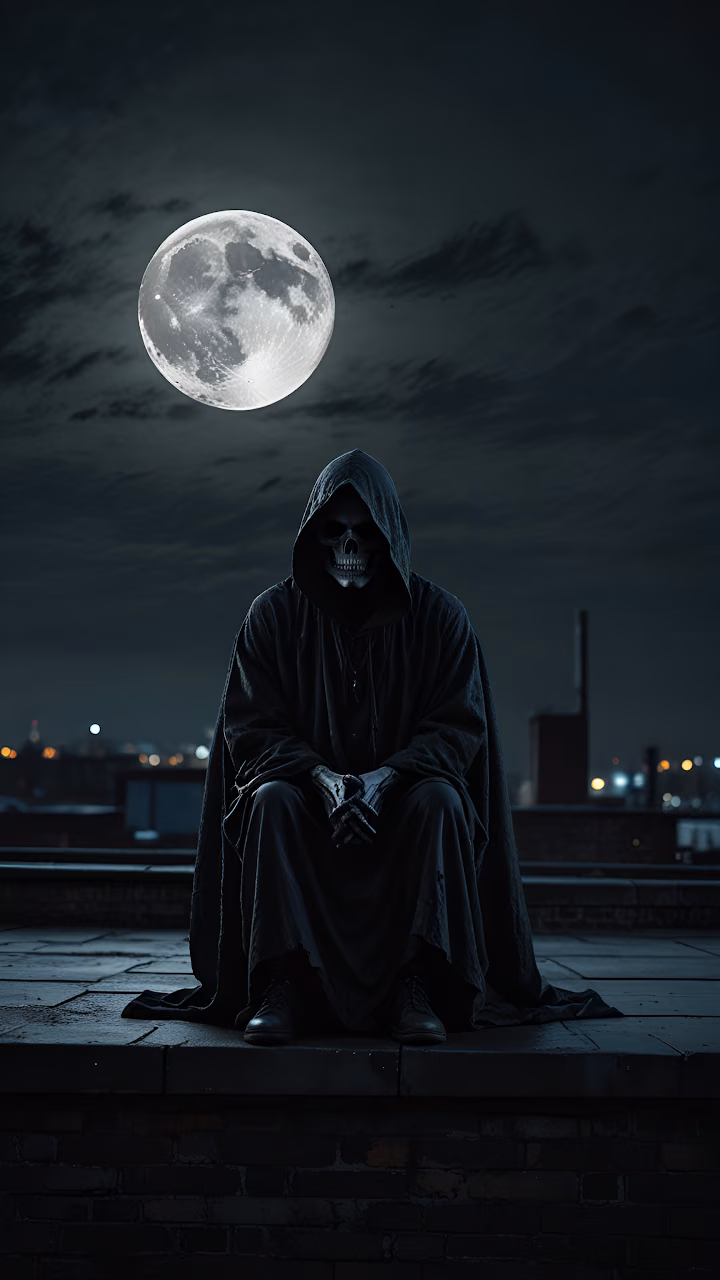 Download Grim Reaper Sitting on Rooftop Under Full Moon Wallpaper in Mobile HD Grim Reaper Sitting on Rooftop Under Full Moon - Free Mobile AMOLED Wallpaper Background