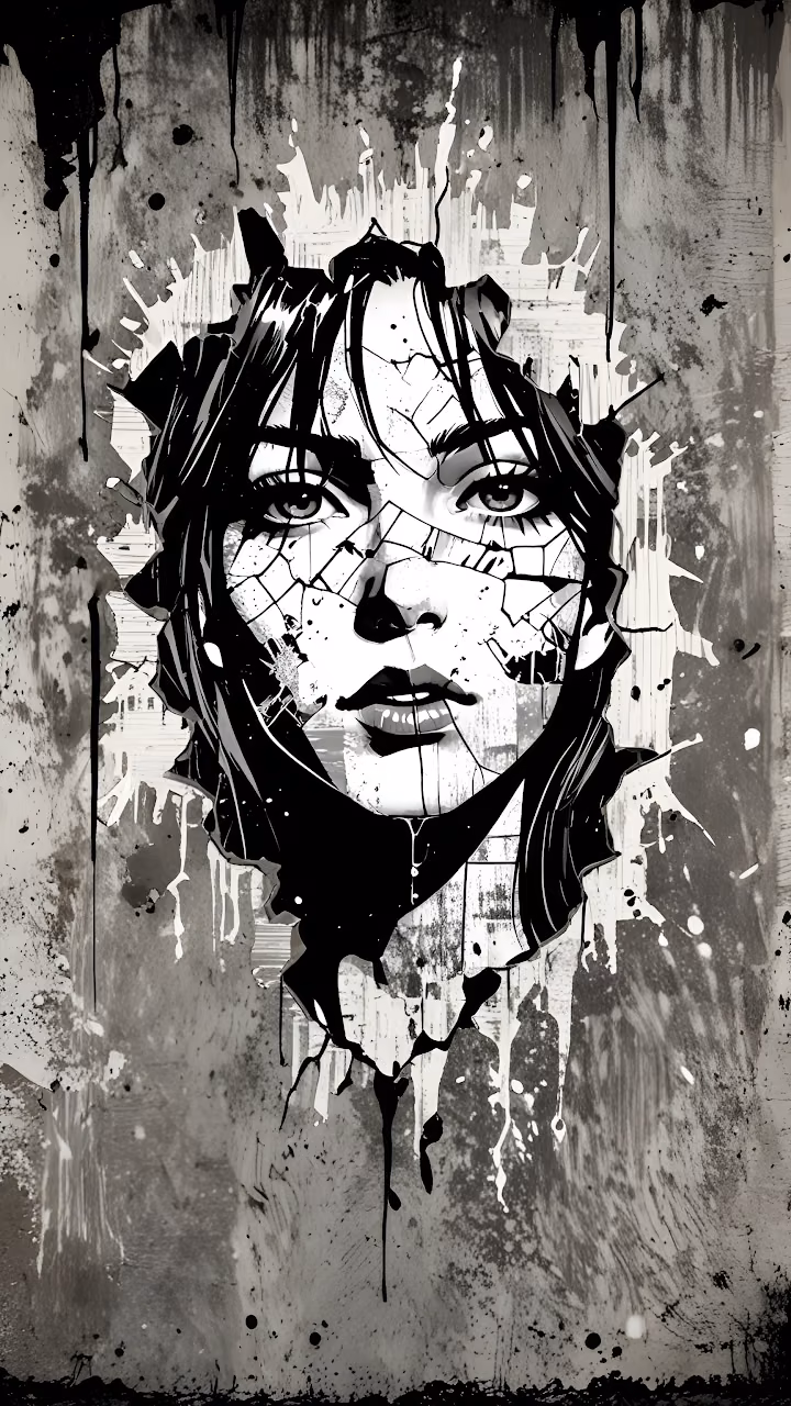 Gritty Comic Portrait Breaking Through Cracked Wall Art - Free Mobile AMOLED Wallpaper Background