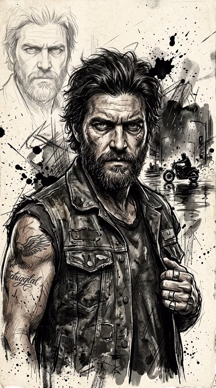 Gritty Ink and Charcoal Sketch Portrait of Daryl Dixon - Free Mobile AMOLED Wallpaper Background