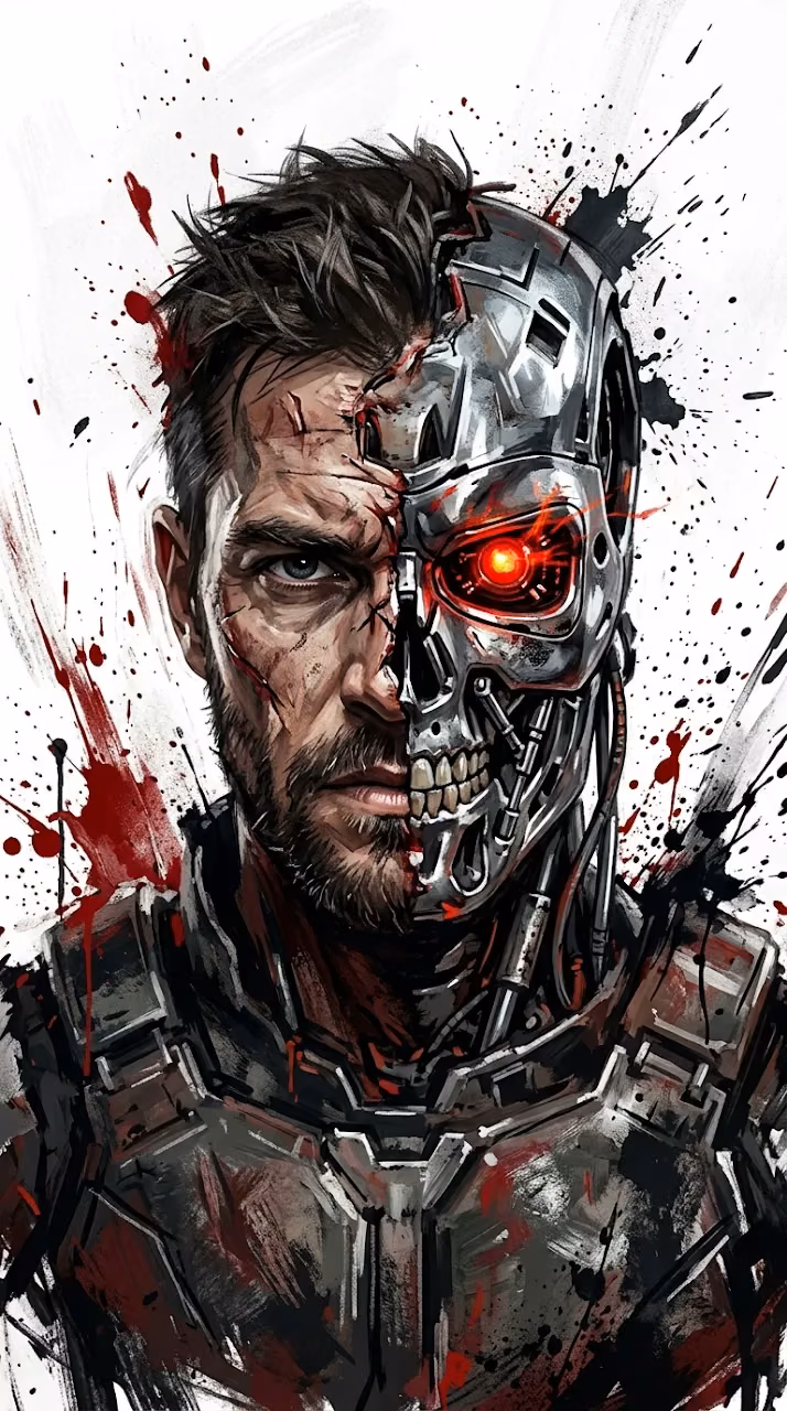 Gritty Portrait Of A Cybernetic Man With Metallic Skull - Free Mobile AMOLED Wallpaper Background