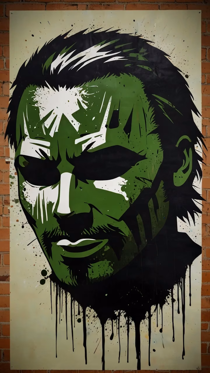 Gritty street art portrait of green faced character with black drips - Free Mobile AMOLED Wallpaper Background