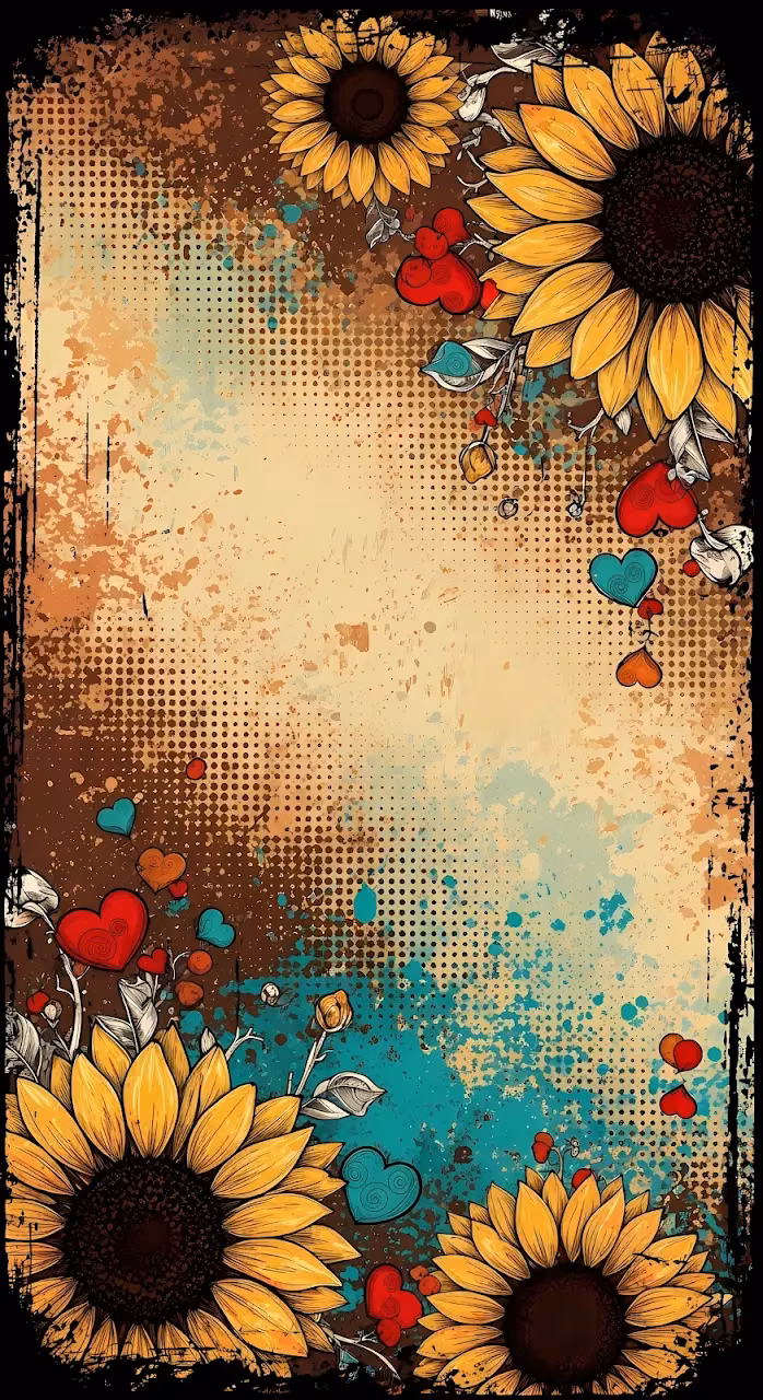 Grunge Sunflower and Heart Art with Halftone Texture - Free Mobile AMOLED Wallpaper Background