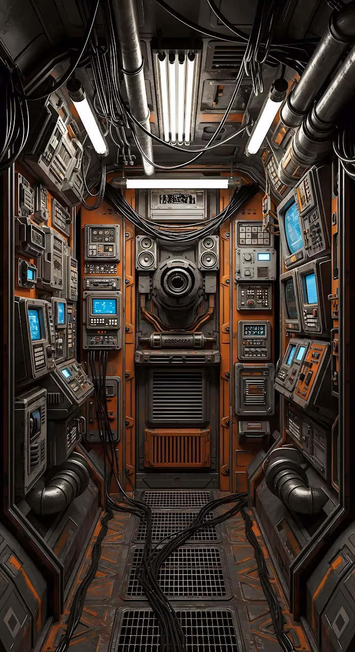 Grungy Sci-Fi Ship Control Room Corridor Interior - Free Mobile AMOLED Wallpaper Background