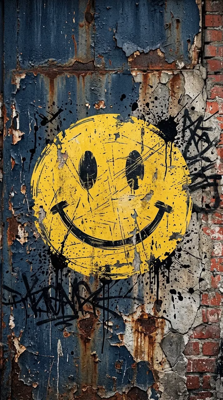 Grungy Yellow Smiley Face Graffiti on Distressed Urban Wall - Free Mobile AMOLED Wallpaper Background