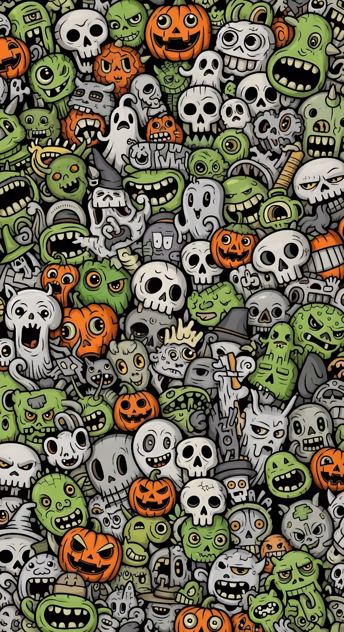 Halloween Doodle Pattern, Skulls Zombies Pumpkins Art - Free Mobile AMOLED Wallpaper Background