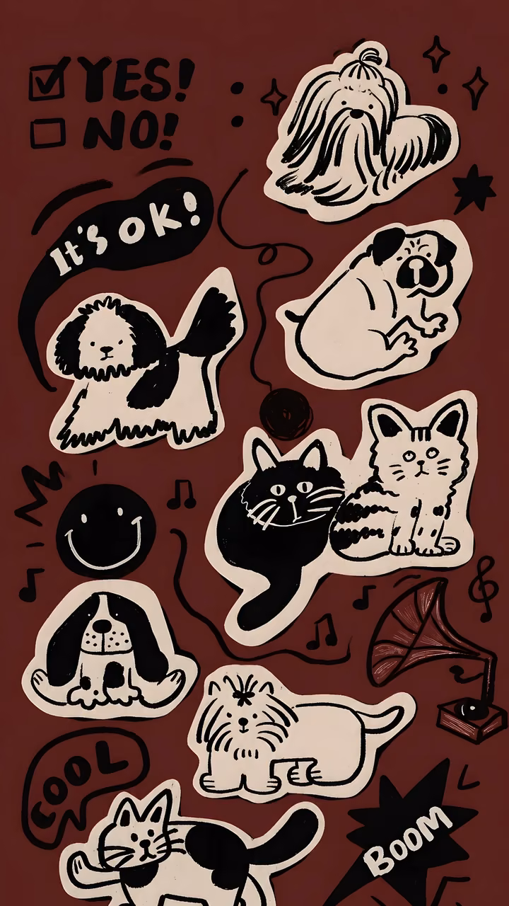 Cream sticker-style cats and dogs form a playful black ink collage on a deep maroon background.