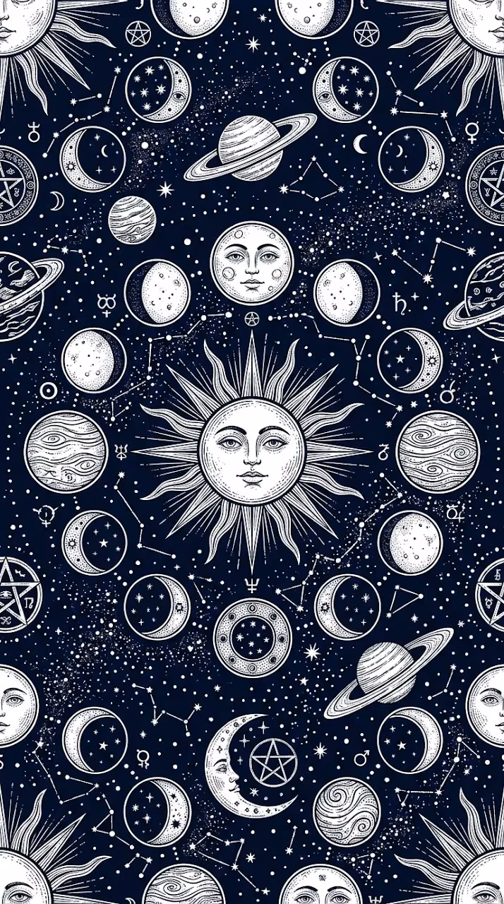 Hand Drawn Celestial Moon Phases and Stars Pattern on Dark Blue - Free Mobile AMOLED Wallpaper Background
