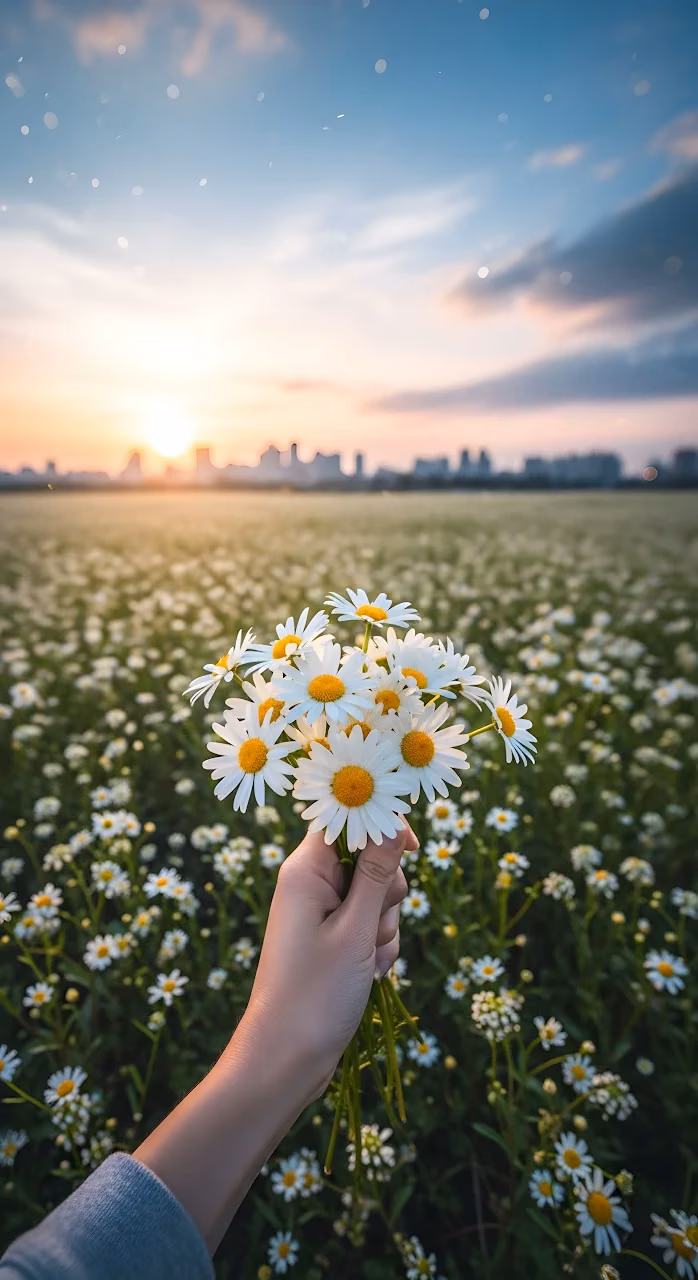 Hand Holding Daisies in Wildflower Field at Sunset - Free Mobile AMOLED Wallpaper Background