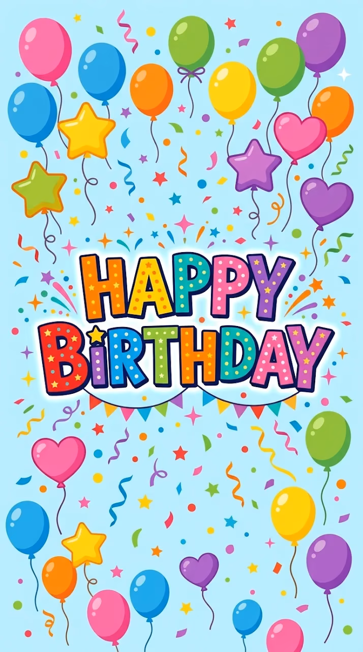 Happy Birthday Typography With Colorful Balloons And Confetti - Free Mobile AMOLED Wallpaper Background