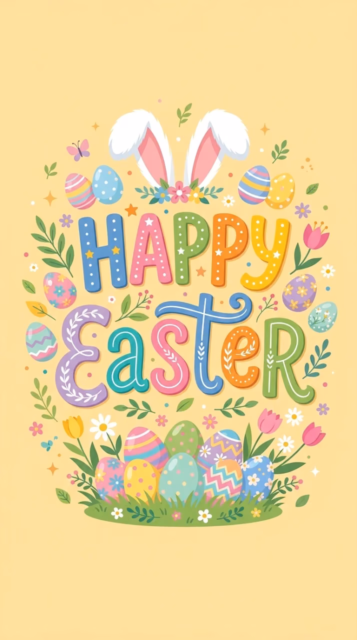 Happy Easter Typography With Bunny Ears And Eggs - Free Mobile AMOLED Wallpaper Background