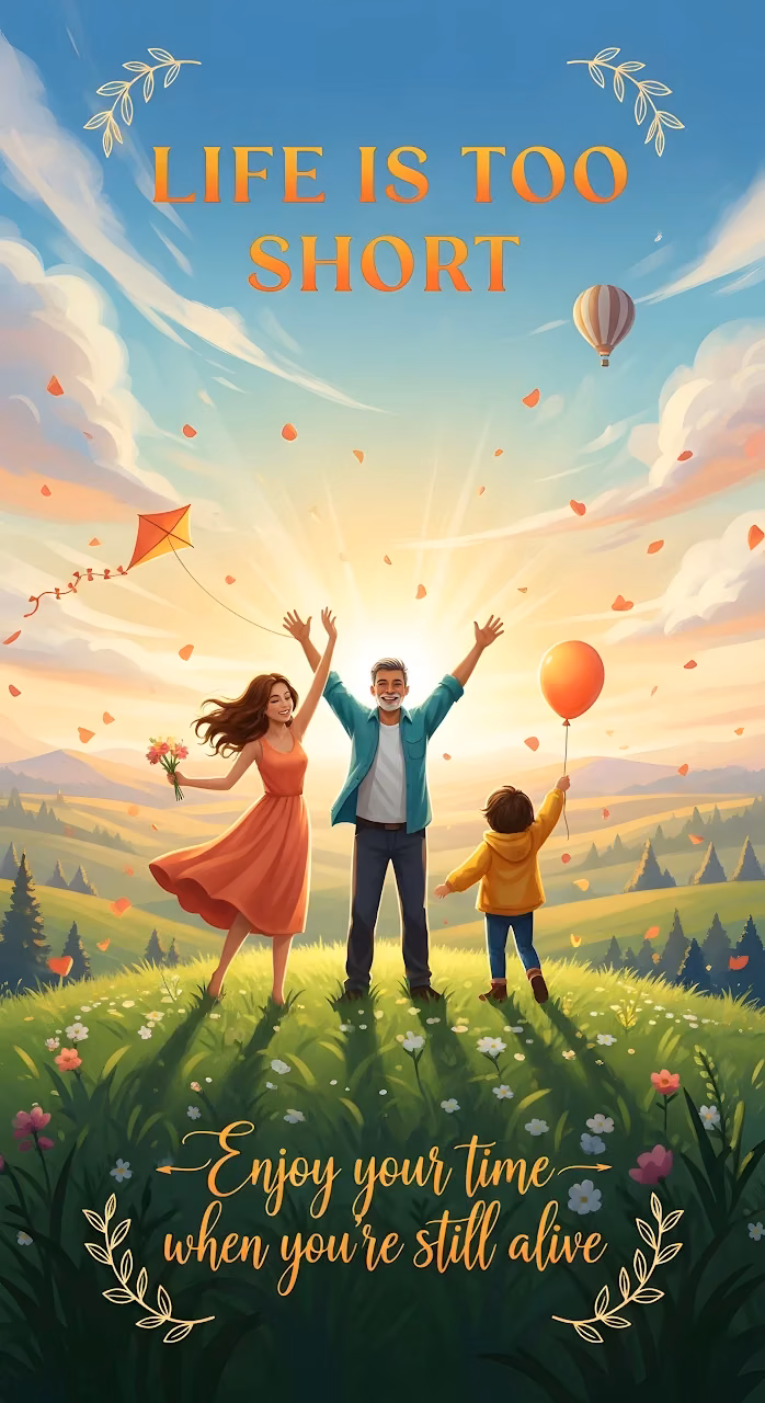 Happy Family Meadow Sunset Life Is Too Short Illustration - Free Mobile AMOLED Wallpaper Background