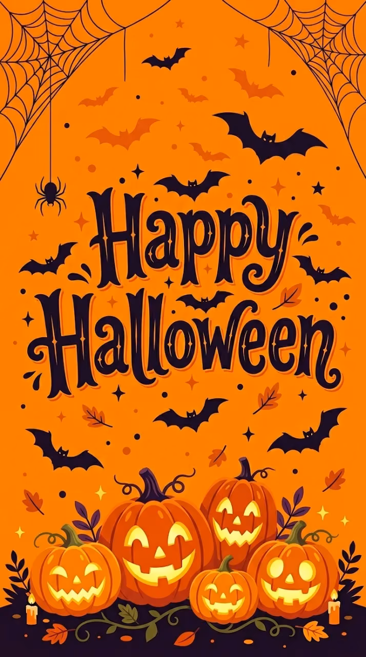 Happy Halloween Typography With Jack-o'-lanterns And Bats - Free Mobile AMOLED Wallpaper Background