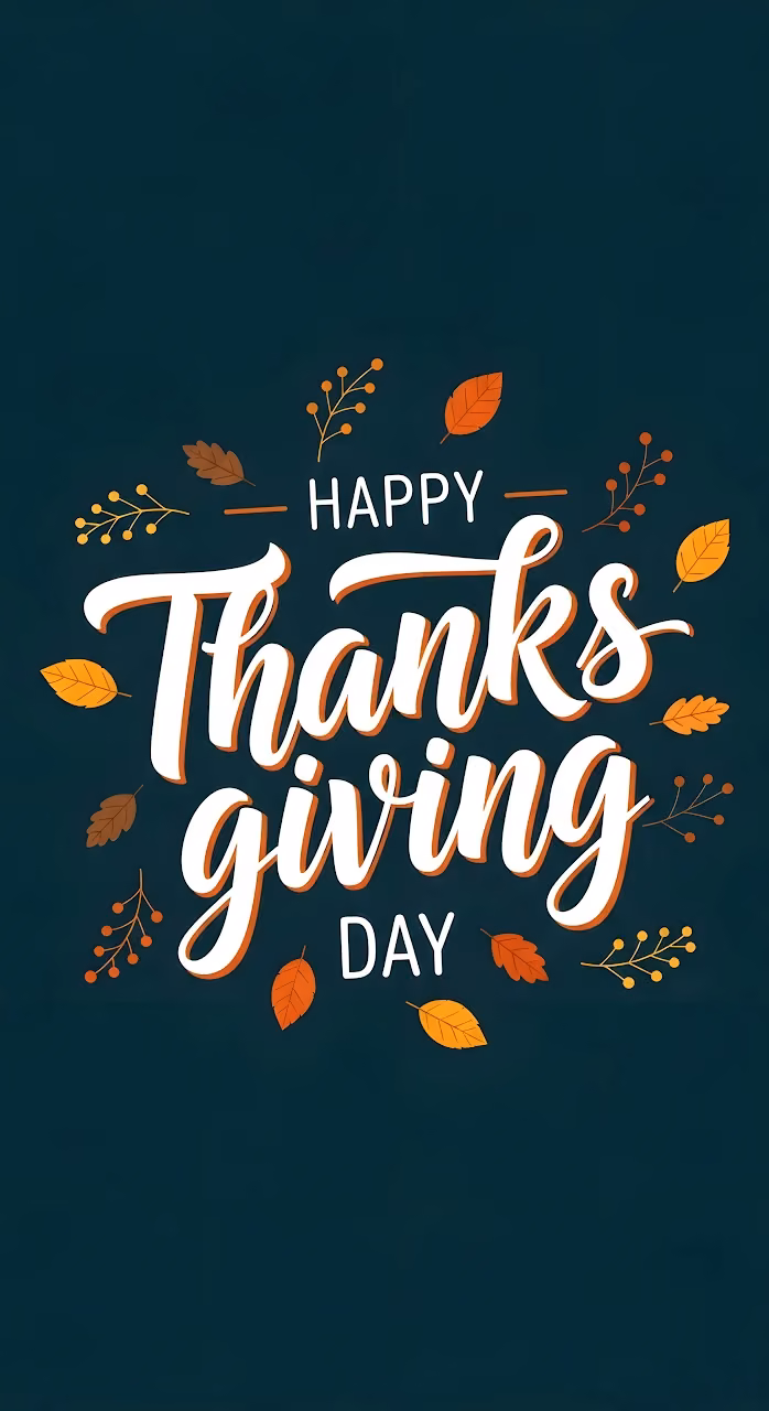 Happy Thanksgiving Day Typography Autumn Leaves Greeting - Free Mobile AMOLED Wallpaper Background