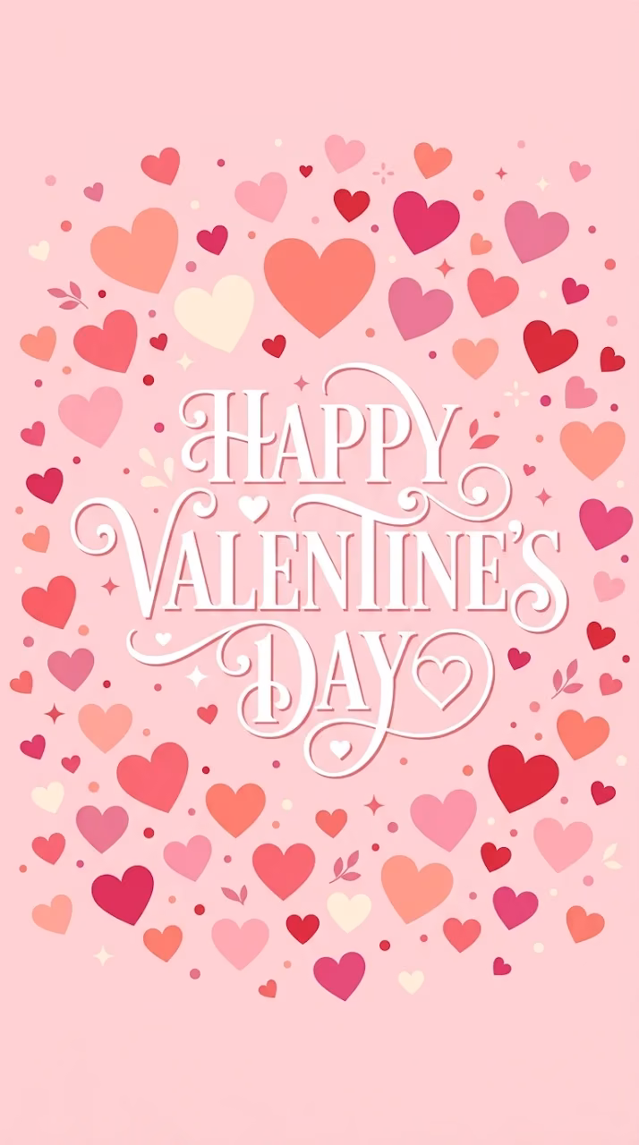 Happy Valentine's Day Typography With Scattered Pink Hearts - Free Mobile AMOLED Wallpaper Background