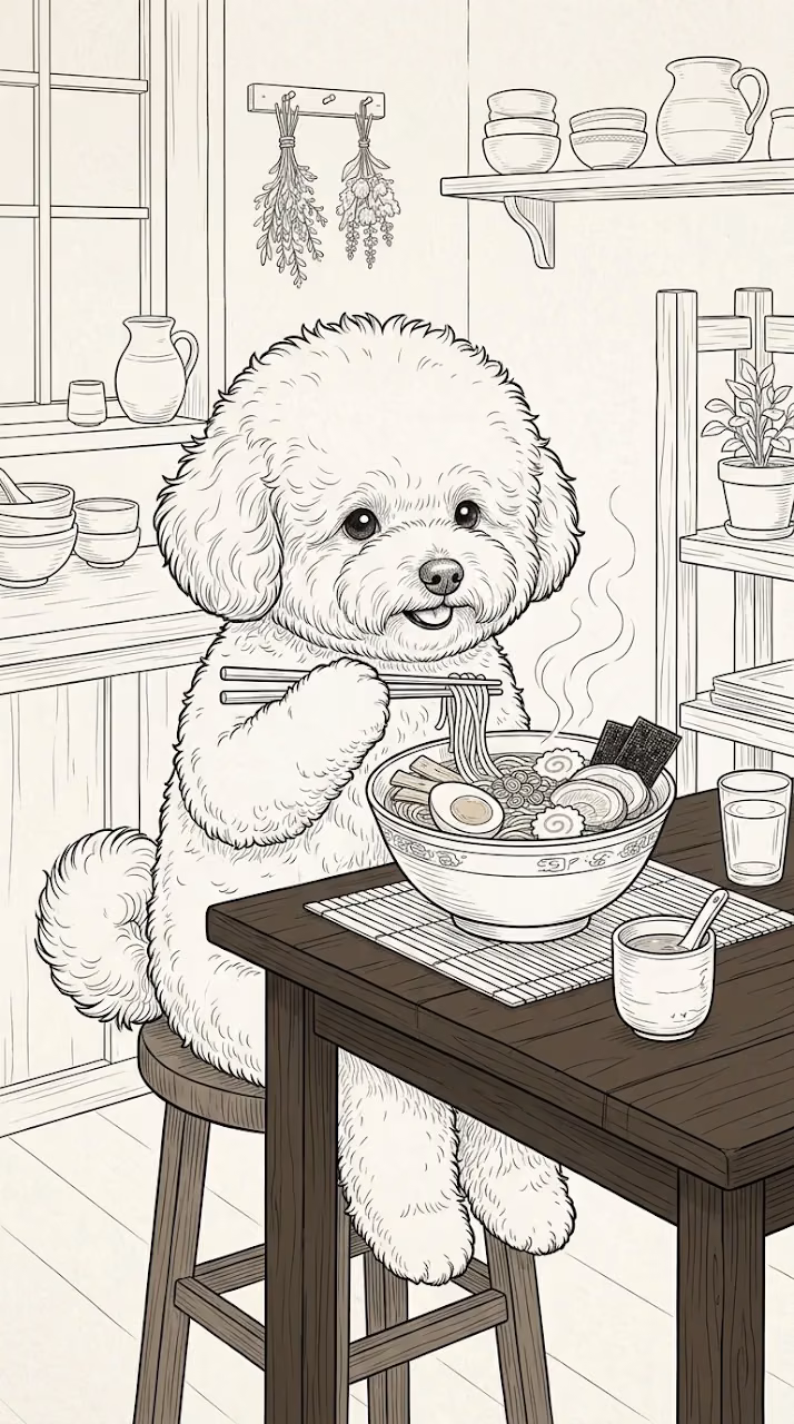 Happy White Fluffy Animal Eating Large Bowl of Ramen - Free Mobile AMOLED Wallpaper Background