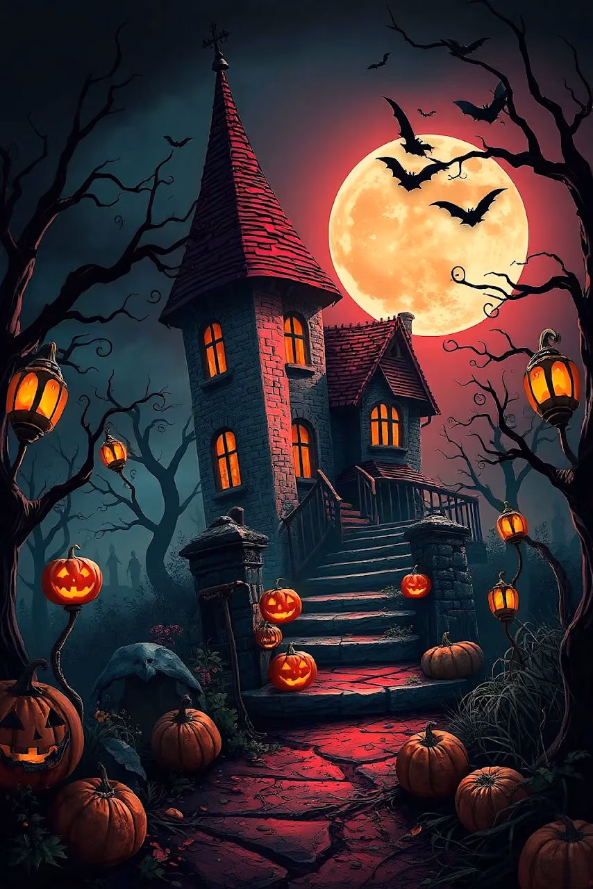 Haunted House Under Blood Moon with Pumpkins - Free Mobile AMOLED Wallpaper Background