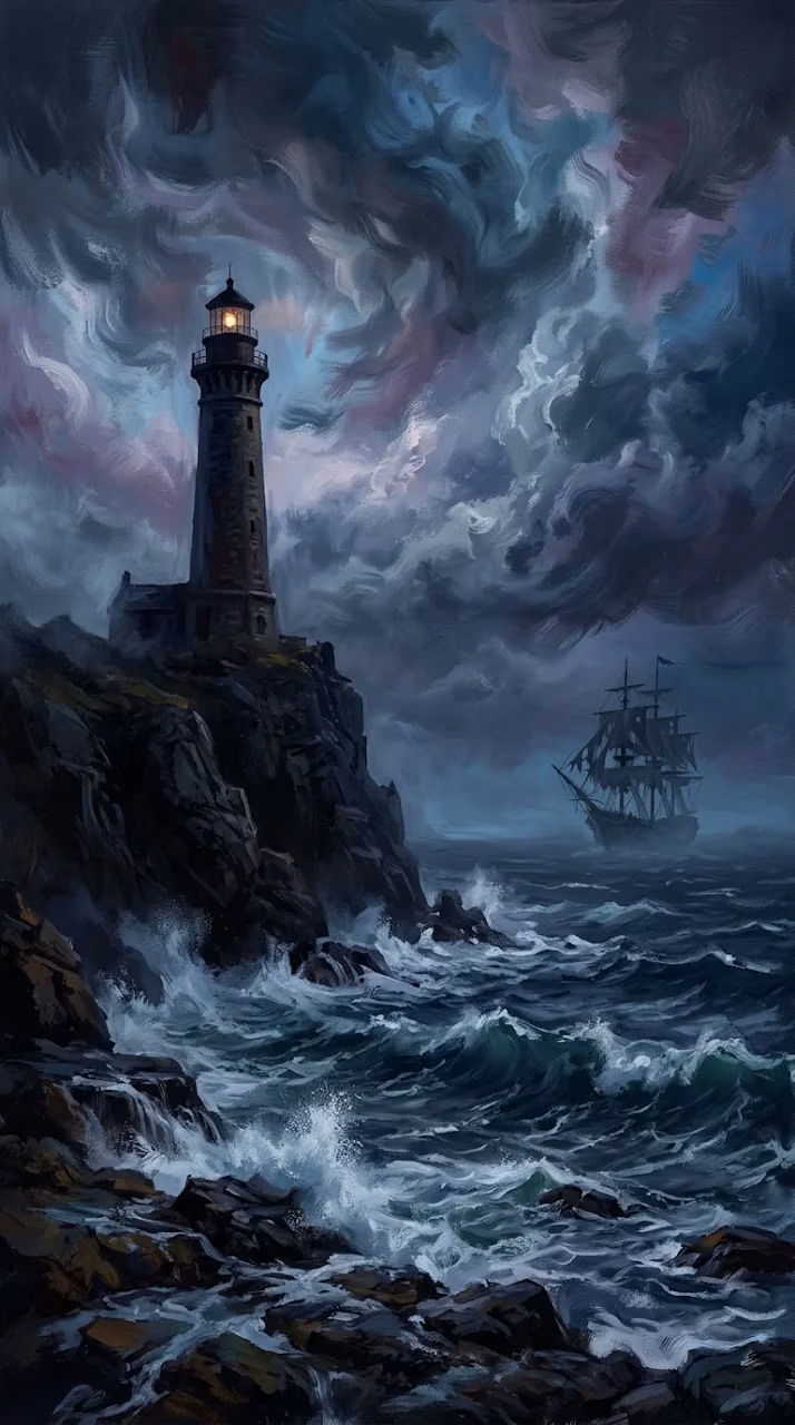 Download Haunting Coastal Lighthouse Scene at Twilight with Ghost Ship Wallpaper in Mobile HD Haunting Coastal Lighthouse Scene at Twilight with Ghost Ship - Free Mobile AMOLED Wallpaper Background
