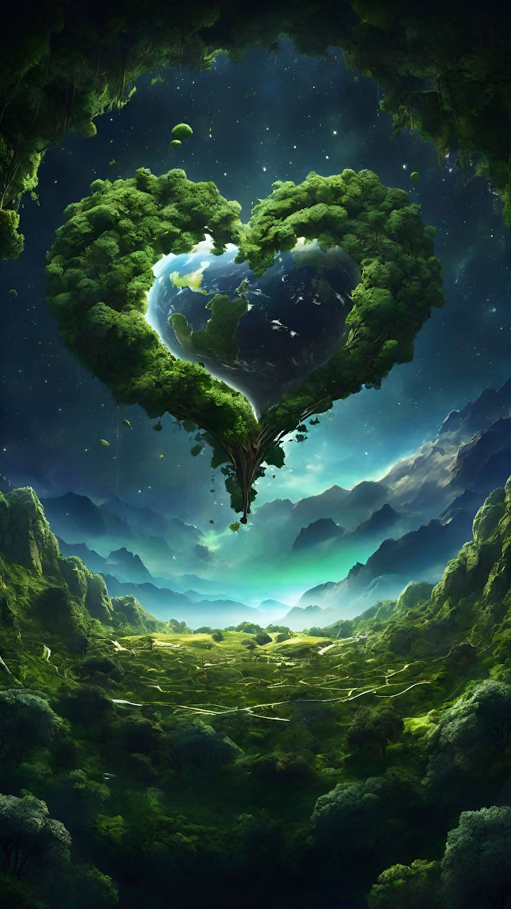 Download Heart-Shaped Forest Embracing Earth Against Starry Sky Wallpaper in Mobile HD Heart-Shaped Forest Embracing Earth Against Starry Sky - Free Mobile AMOLED Wallpaper Background