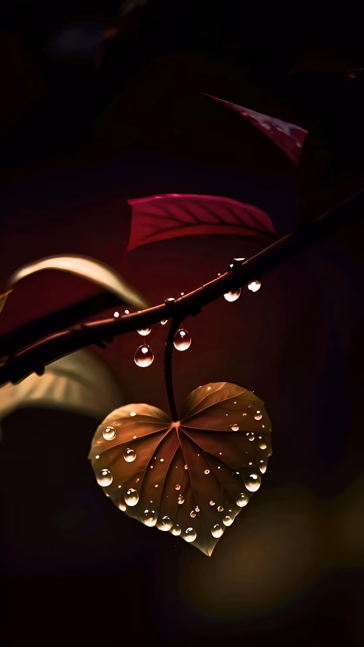 Download Heart-Shaped Leaf Glistening with Dewdrops in Soft Light Wallpaper in Mobile HD Heart-Shaped Leaf Glistening with Dewdrops in Soft Light - Free Mobile AMOLED Wallpaper Background