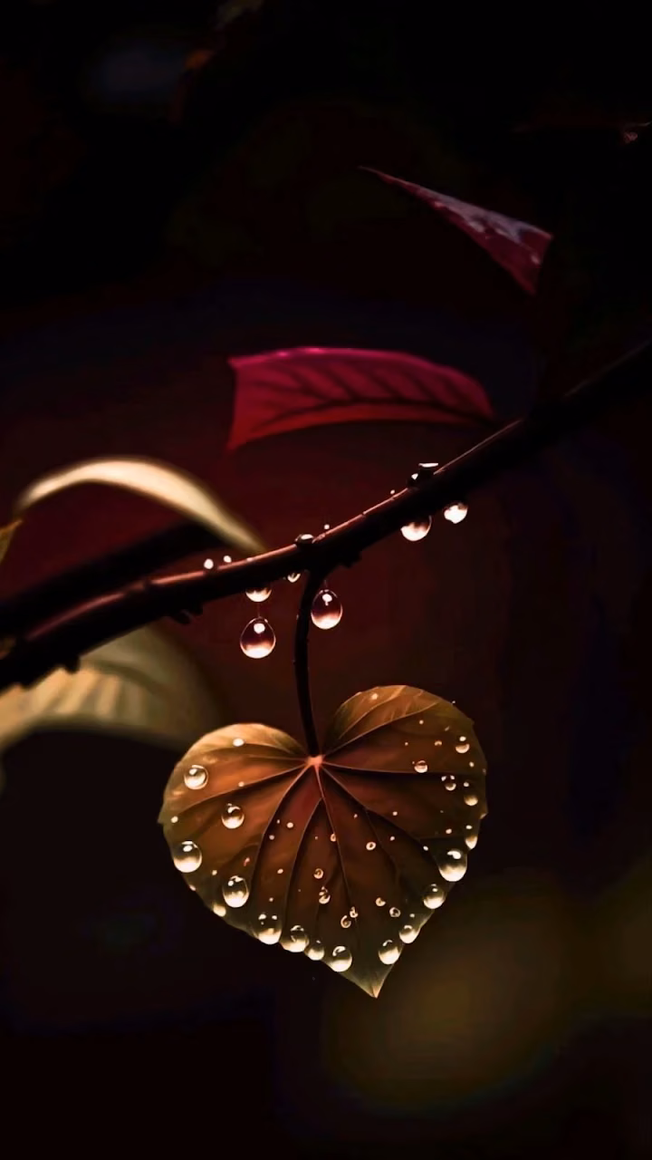 Heart Shaped Leaf Water Droplets Dark Macro Photography - Free 4K Desktop Wallpaper Background