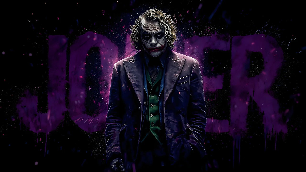 The Joker in a purple coat and green vest with white and red clown makeup on his face.