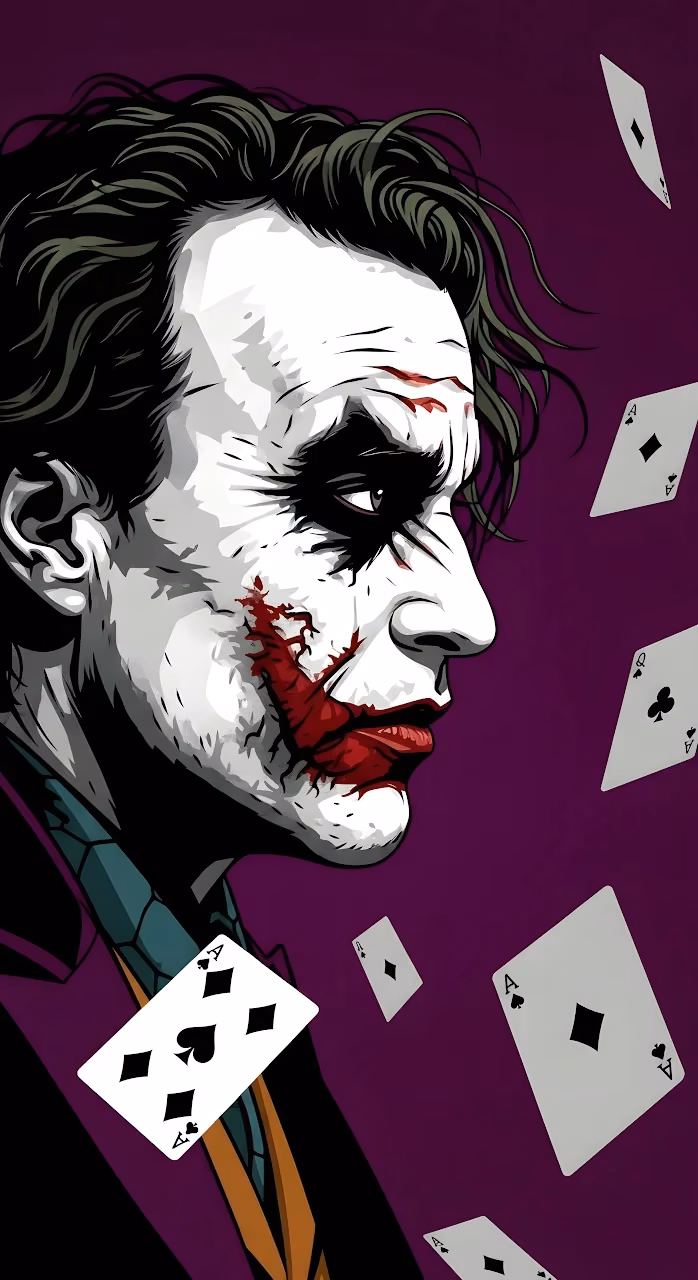 Heath Ledger Joker Vector Art with Falling Playing Cards - Free Mobile AMOLED Wallpaper Background