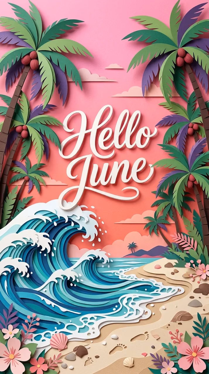 Hello June 3D Papercut Tropical Beach Card - Free Mobile AMOLED Wallpaper Background