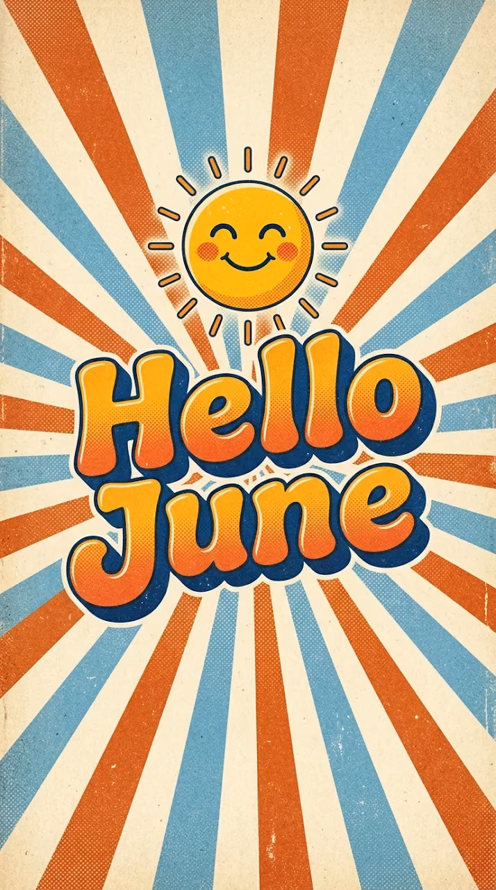 Hello June Smiling Sun Retro Burst Illustration - Free Mobile AMOLED Wallpaper Background