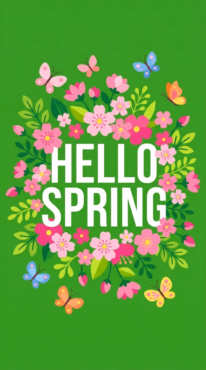 Download Hello Spring Typography With Flowers And Butterflies On Green Wallpaper in Mobile HD Hello Spring Typography With Flowers And Butterflies On Green - Free Mobile AMOLED Wallpaper Background