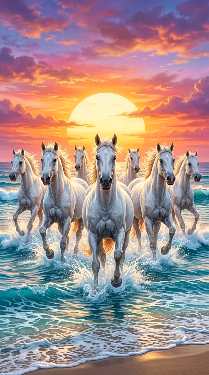 Herd of White Horses Galloping Through Ocean Water at Sunset - Free Mobile AMOLED Wallpaper Background