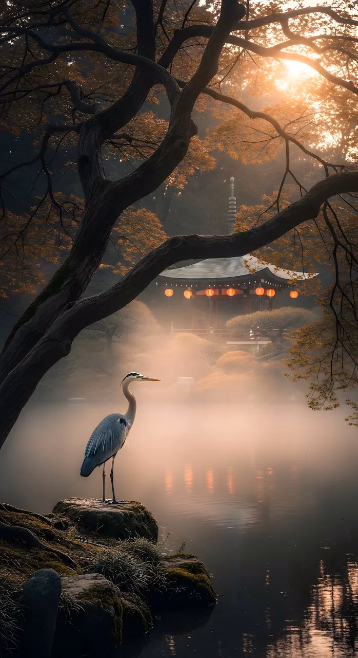 Heron in Misty Japanese Garden at Golden Hour - Free Mobile AMOLED Wallpaper Background