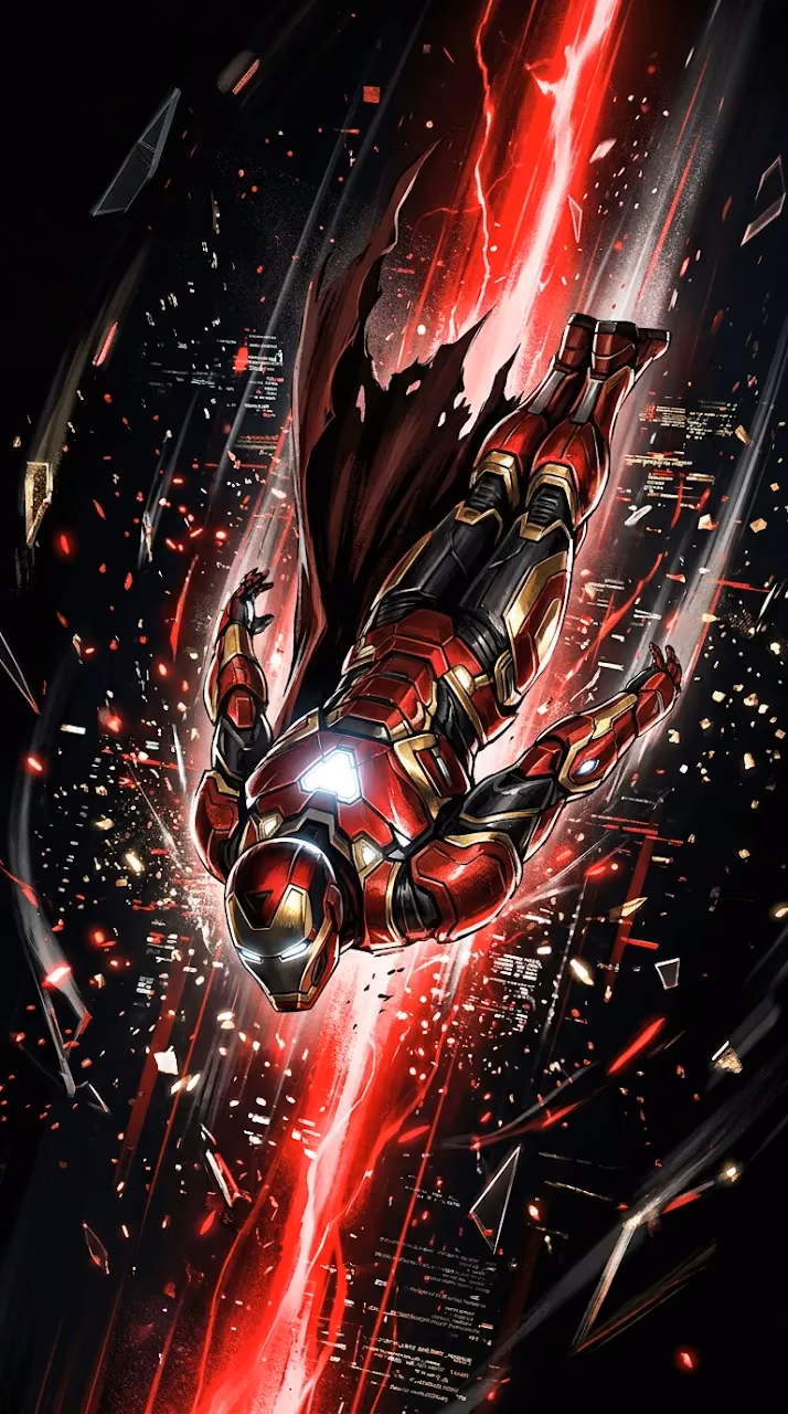 High-Action Illustration of an Armored Hero Flying Through a Digital Red Void - Free Mobile AMOLED Wallpaper Background