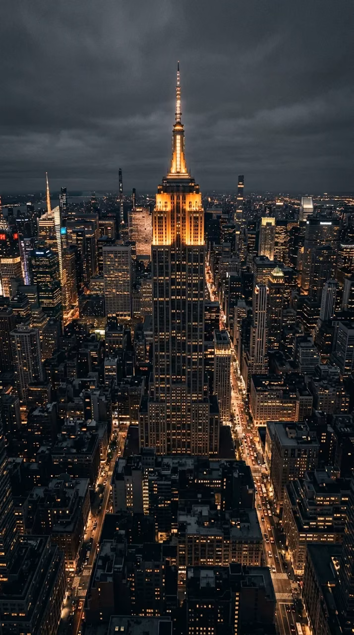 Download High Angle Aerial View of the Empire State Building at Night Wallpaper in Mobile HD High Angle Aerial View of the Empire State Building at Night - Free Mobile AMOLED Wallpaper Background
