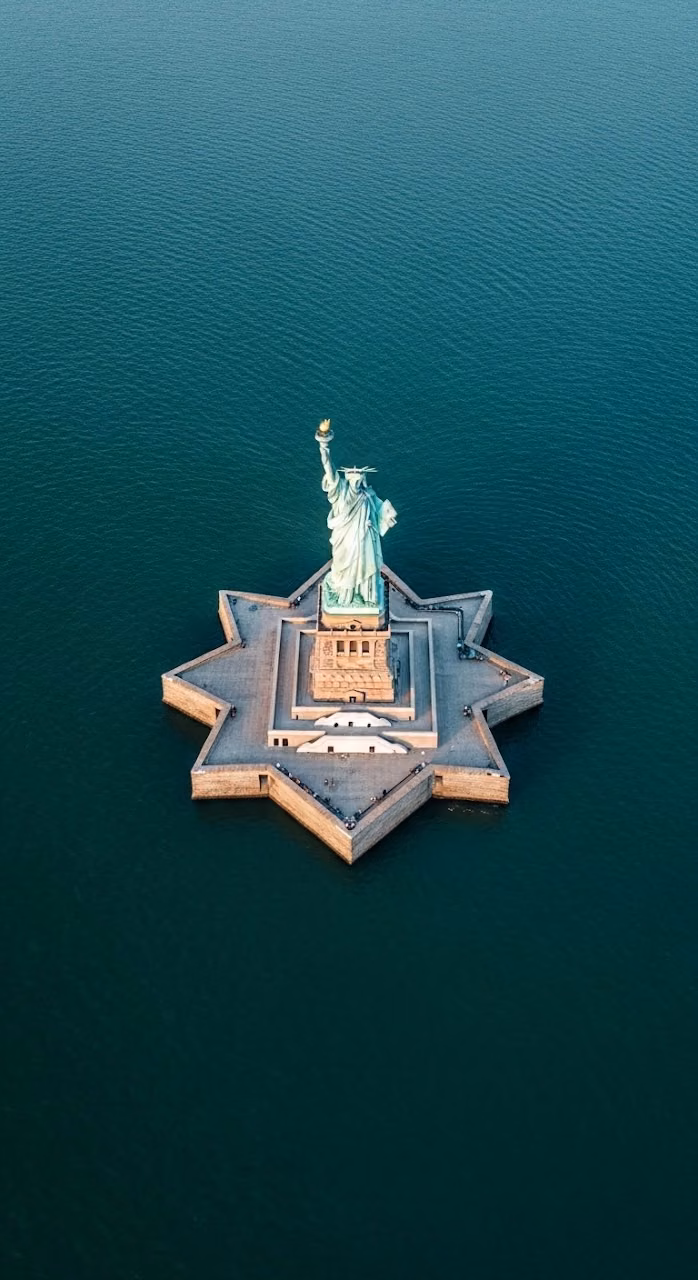High-Angle Aerial View of the Statue of Liberty in Teal Water - Free Mobile AMOLED Wallpaper Background