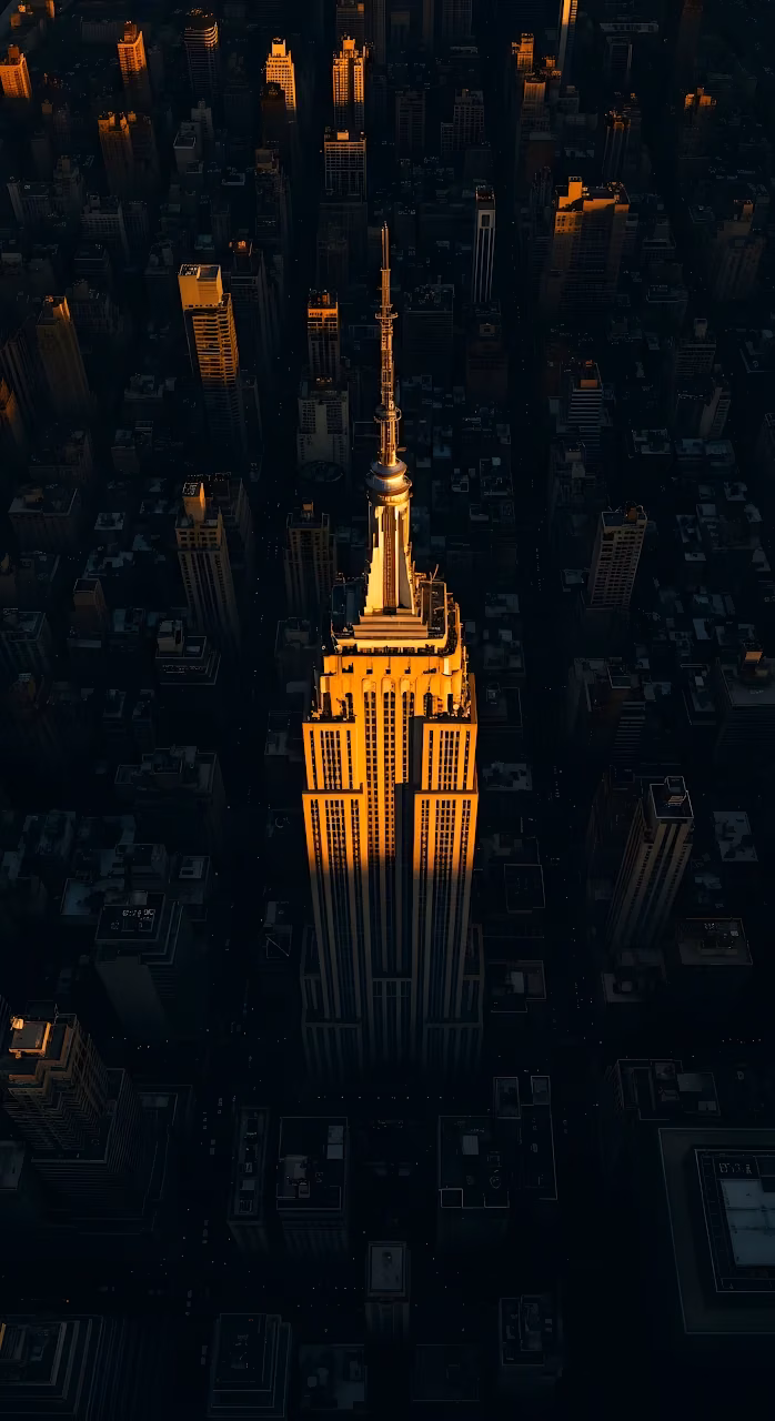 High Angle View of Golden Empire State Building at Sunset - Free Mobile AMOLED Wallpaper Background