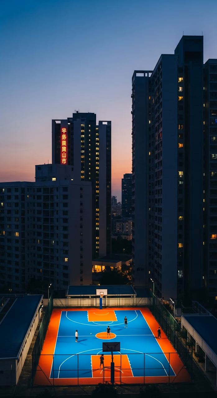 High-Angle View of an Illuminated Rooftop Basketball Court Surrounded by High-Rise City Apartments at Dusk - Free Mobile AMOLED Wallpaper Background
